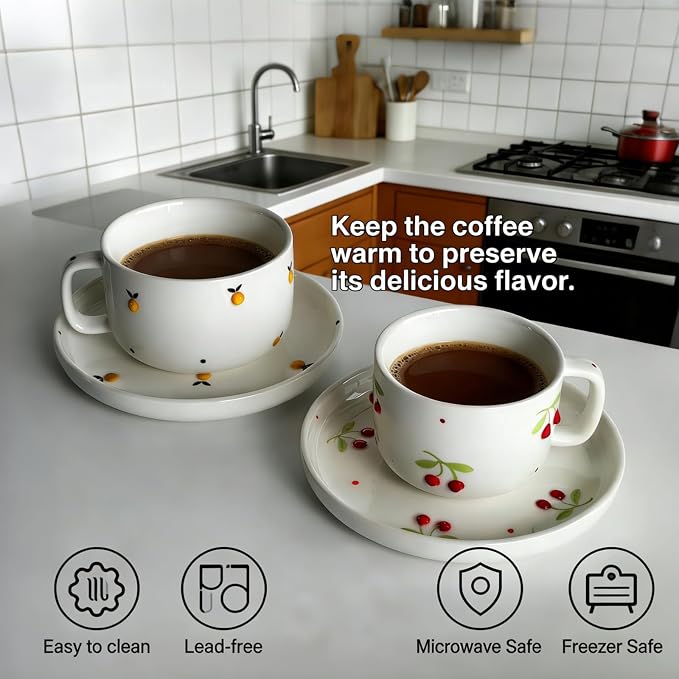Ceramic Coffee Mug Set of 2, 8 oz Cherry Design Cups - Image 3