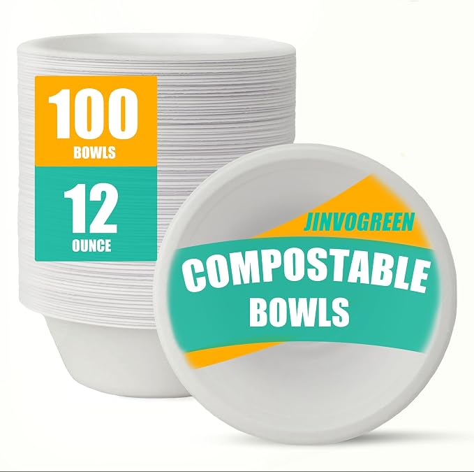 JINVOGREEN 100 Count 12 oz Paper Bowls, Disposable Compostable Bowls, Heavy by JINVOGREEN