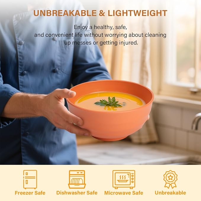 Large Bowl Set of 6, 60 oz Unbreakable Wheat Straw Bowls, Microwave Safe & - Image 4