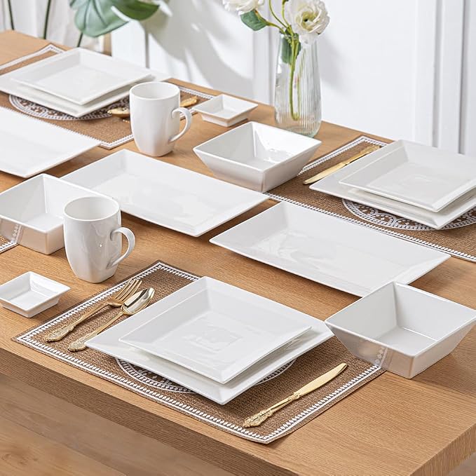 Off-White Porcelain Dinnerware Set, Square Dishes Set - Image 9