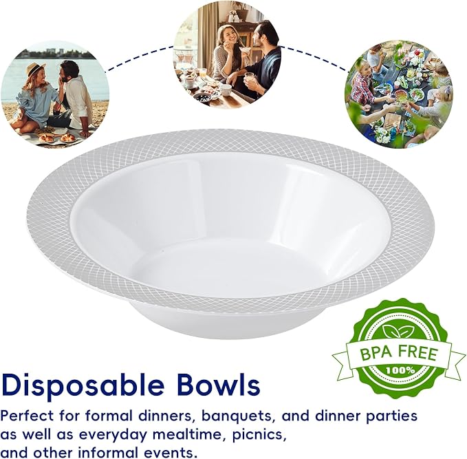Plastic Bowls with Silver Grid Rim Disposable 12oz Bolws 100Pack | Disposable - Image 4
