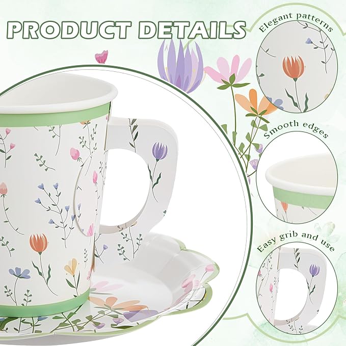 FillTouch 48 Sets Wildflower Floral Paper Tea Cups and Saucers Disposable Paper - Image 3