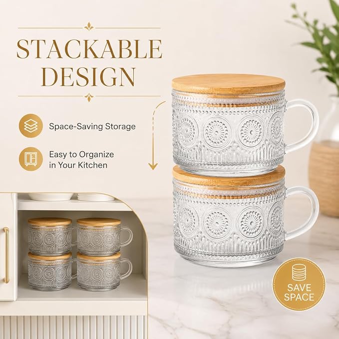 Semderm Vintage Glass Coffee Mugs Set of 4, Overnight Oats Containers - 14oz - Image 8