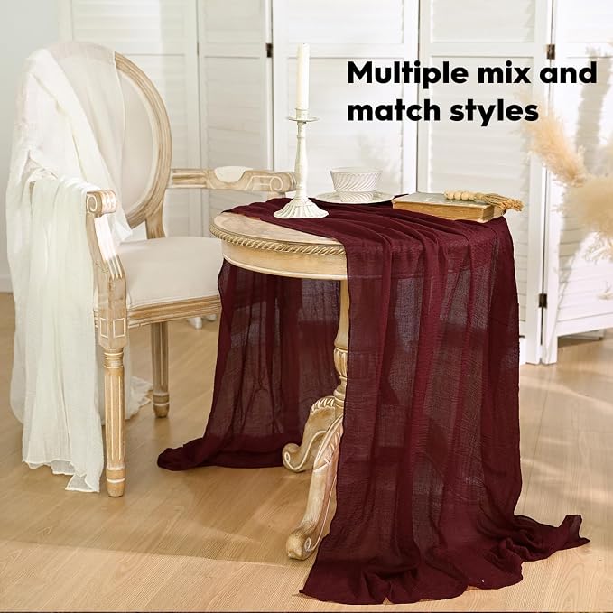 Artoid Mode Boho Cheesecloth Gauze Burgundy Wedding Table Runner, 120 Inch - Image 4
