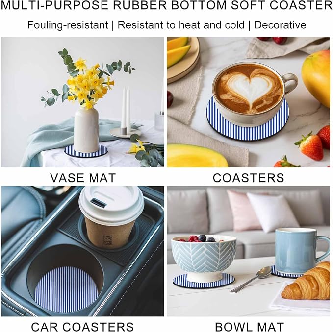 Navy Blue Stripe Coasters Set of 6, Modern White Vertical Striped Geometric - Image 6