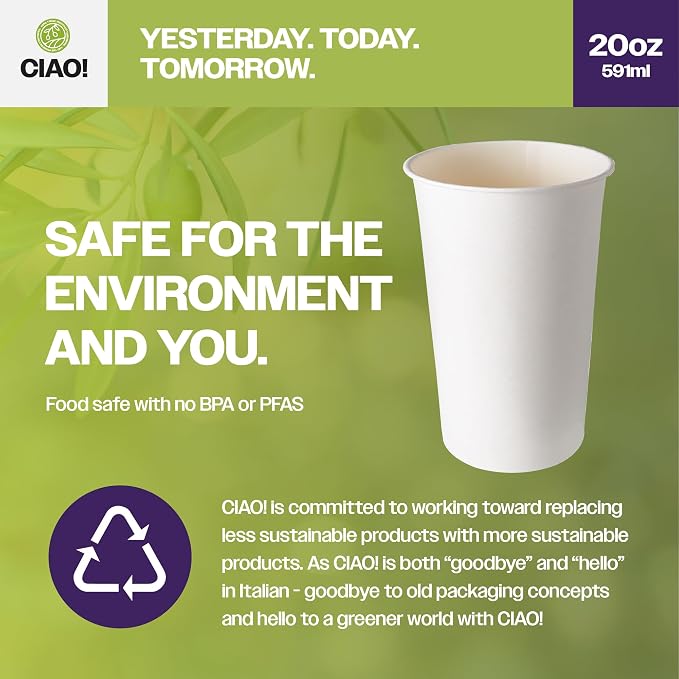 CIAO! 20oz White Paper Hot Cup, Disposable, 90mm Diameter 600 Count - Image 3