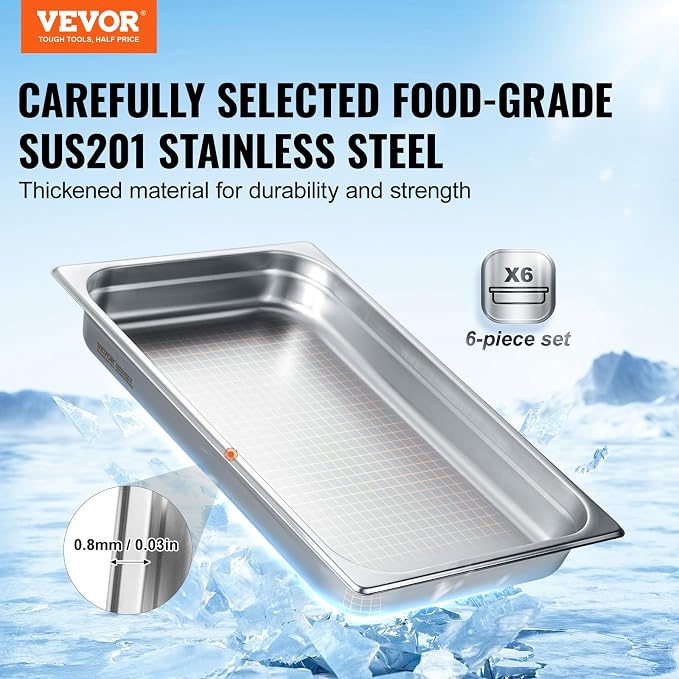 VEVOR 6 Pack Stainless Steel Hotel Pans, 2.5-Inch Deep 0.8mm Thick Commercial - Image 3