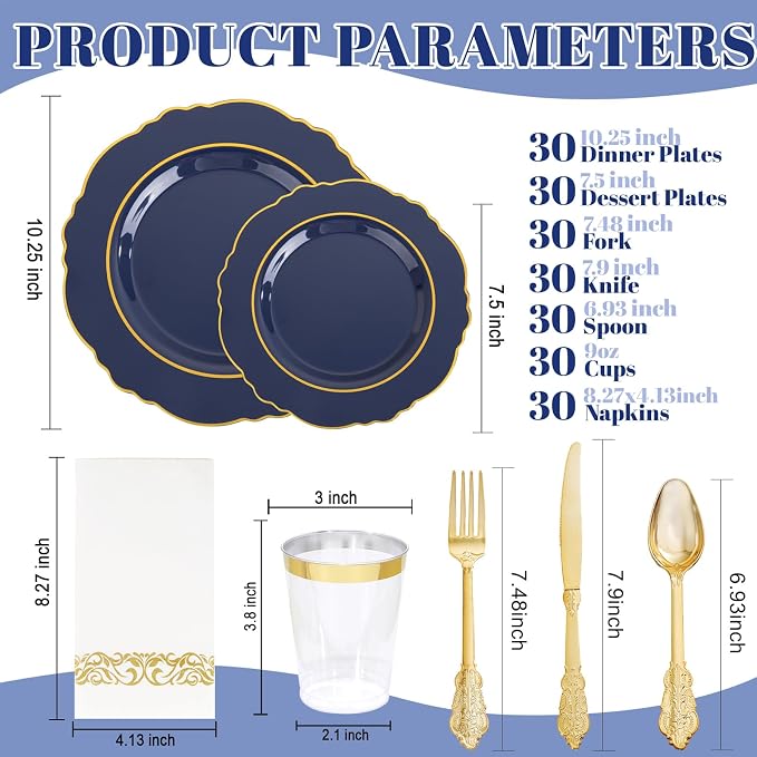 KIRE 210Pcs Navy Blue Plastic Plates - Image 8