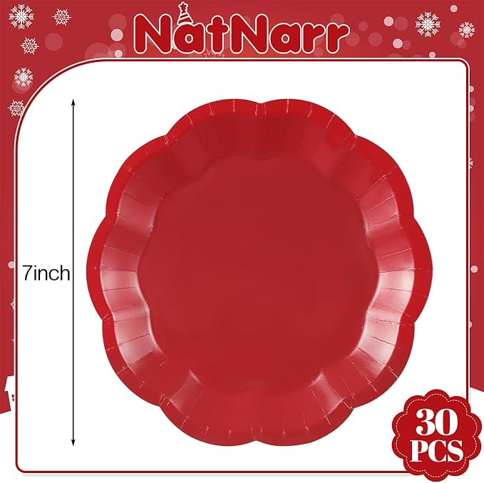 NatNarr 30 Pcs Red Paper Plates 7 Inch Scalloped Dessert Plates Cake Plate | - Image 2