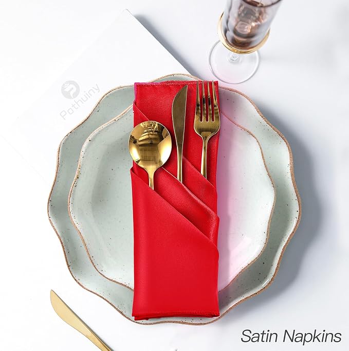 P Pothuiny 12 Pcs Red Satin Napkins 17 x 17 Inch, Satin Cloth Napkins | Square - Image 5
