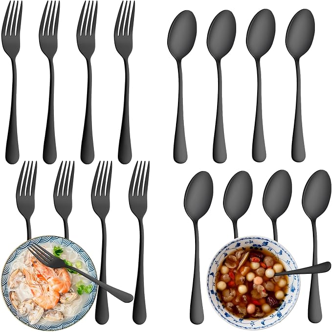 24 Pcs Black Forks and Spoons Silverware Set, Food Grade Stainless Steel by WISKEMA