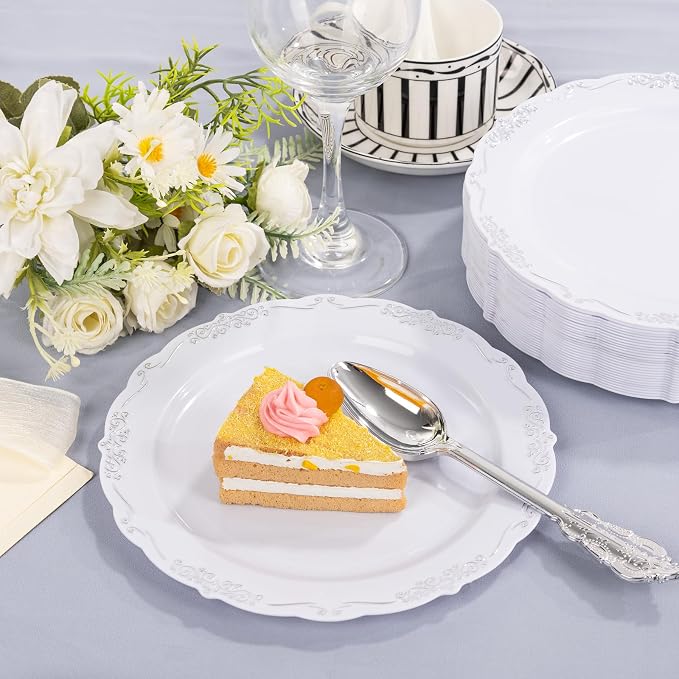 DaYammi 60PCS White and Silver Plastic Plates, Heavy Duty White and Silver - Image 4