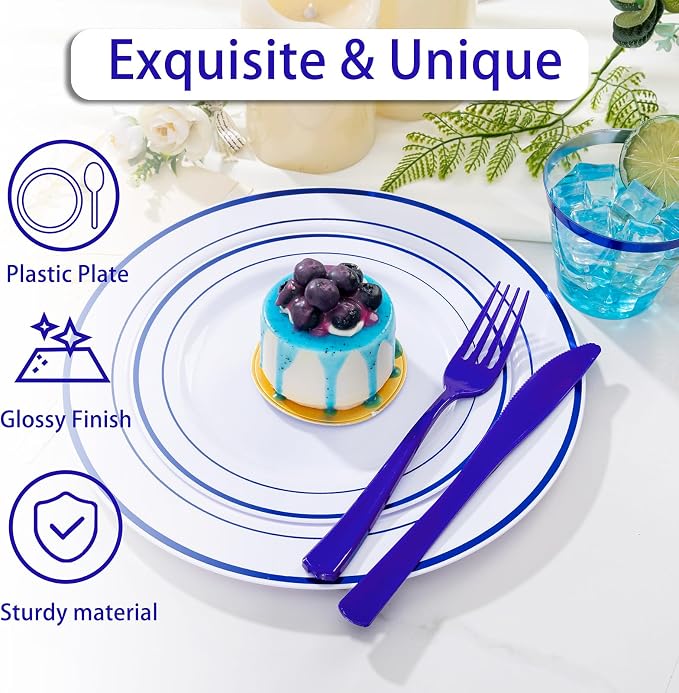 WELLIFE 210 Piece Blue Disposable Dinnerware Set, Plastic Plates - Image 4