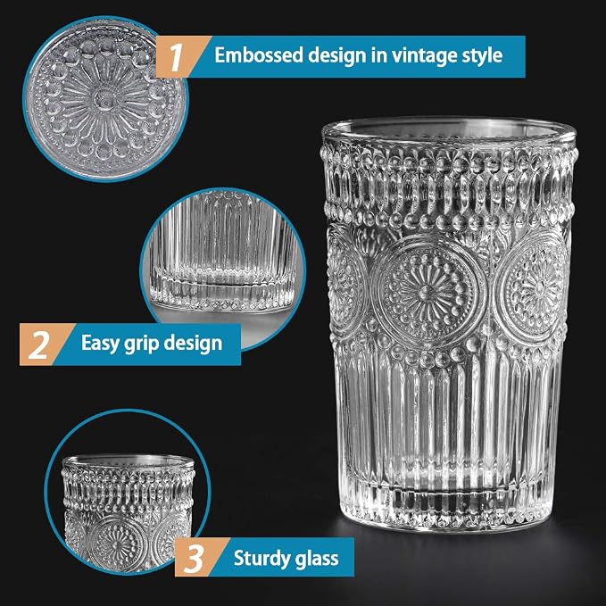 MDLUU Embossed Water Glasses, Romantic Glassware, Vintage Drinking Glasses - Image 4