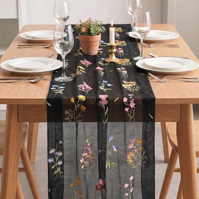 Artoid Mode Wildflower Floral Black Gauze Embroidery Table Runner 120 Inch 10FT - Image 3