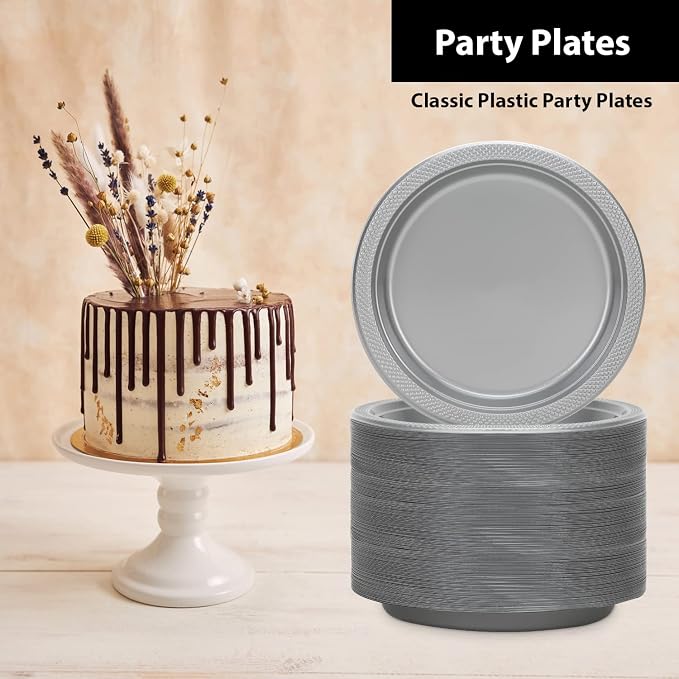 Silver Solid Color Premium Heavy Weight Plastic Dinner Plate 50 Count - Image 3
