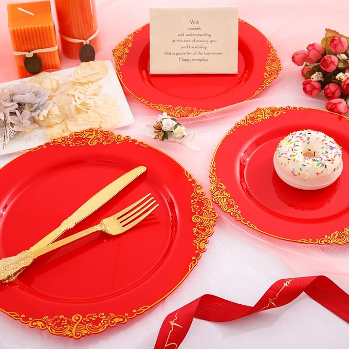 Morejoy 175PCS Red Plastic Plates, 25 Silverware Sets, 25 Cups, 25 Napkins - Image 3