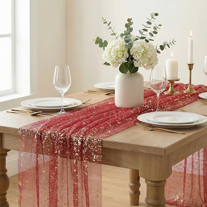 Artoid Mode Red Gold Gauze Table Runner 59x120 Inch 10FT, Glitter Metallic Foil - Image 3