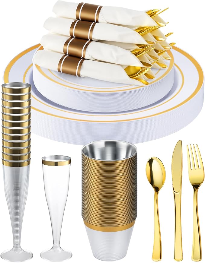 200PCS Disposable Gold Party Plastic Plate Sets by GoodLuck