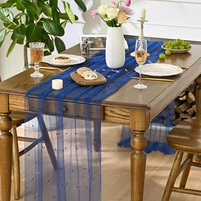 Artoid Mode Pearl Light Bule Gauze Table Runner 59x120 Inch, Seasonal Sheer - Image 3