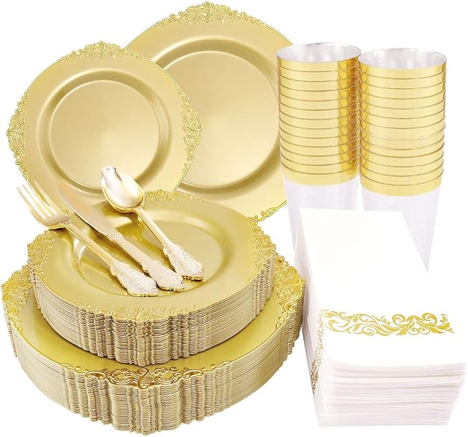 Morejoy 175PCS Solid Gold Plastic Plates by Morejoy