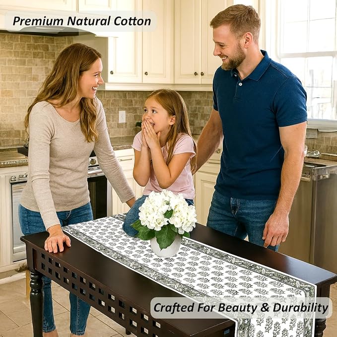 Evergreen Hand Block Print 100% Cotton Reusable Table Runner 16" X 70" Inches - Image 2
