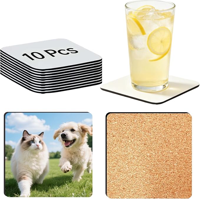 10Pcs Sublimation Blank Coasters, Heat Transfer Wood Cork Coasters 3.94 x 3.94 by Unknown