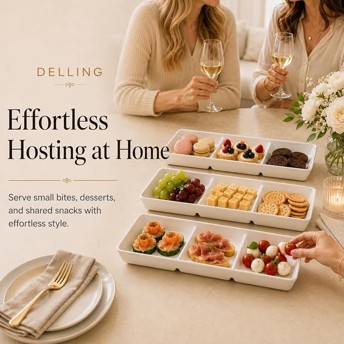 DELLING 16x5 Inch Ceramic 3-Section Serving Tray Set of 3, Stackable Divided - Image 2
