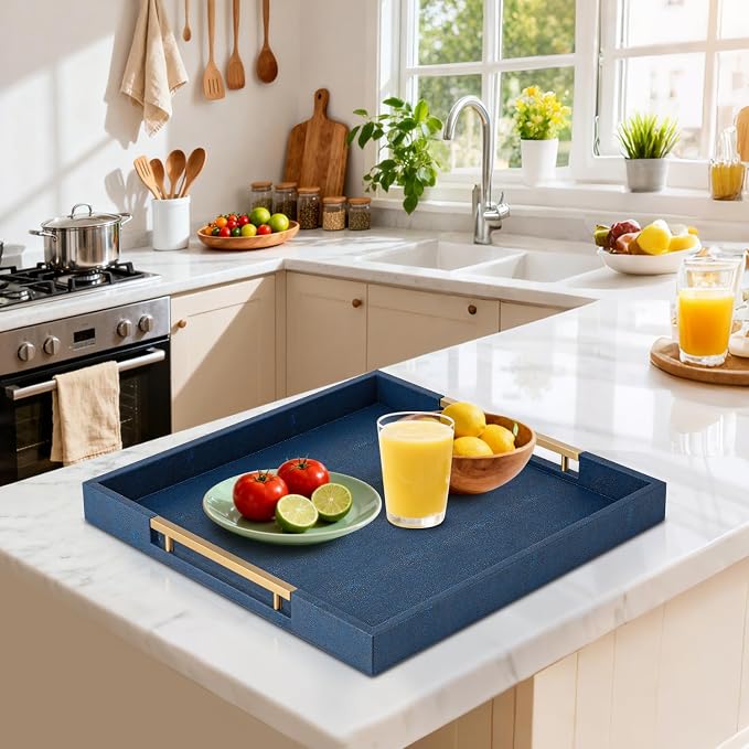 Navy Blue Faux Leather Large Square Decorative Serving Tray - Image 3