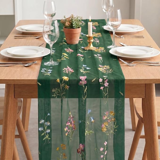 Artoid Mode Wildflower Floral Green Gauze Embroidery Table Runner 120 Inch 10FT - Image 3