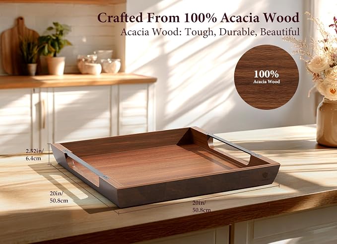 Large Ottoman Tray, 20in Square Acacia Wood Serving Tray - Image 3
