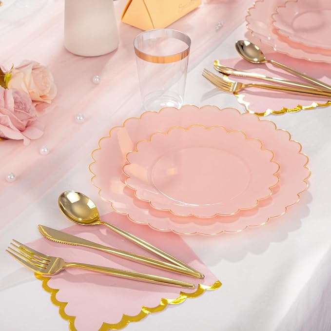 LIYH 210pcs Pink Gold Scalloped Plastic Plates, Elegant Party Dinnerware | - Image 2