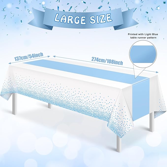 MASHAN 3Pcs White and Light Blue Tablecloth Party Decorations, Plastic White - Image 2