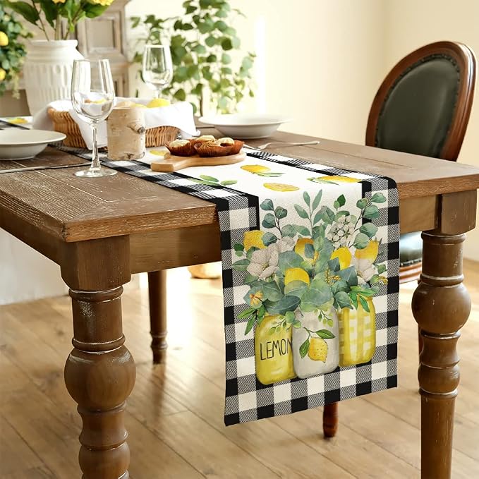 Black Buffalo Check Summer Table Runner 13 x 90 Inch, Lemon Vase Spring - Image 4