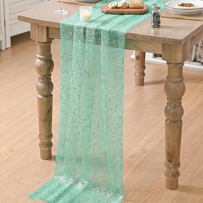 Artoid Mode 3Pcs Turquoise Gauze Gold Table Runner 10FT, Glitter Metallic Foil - Image 6