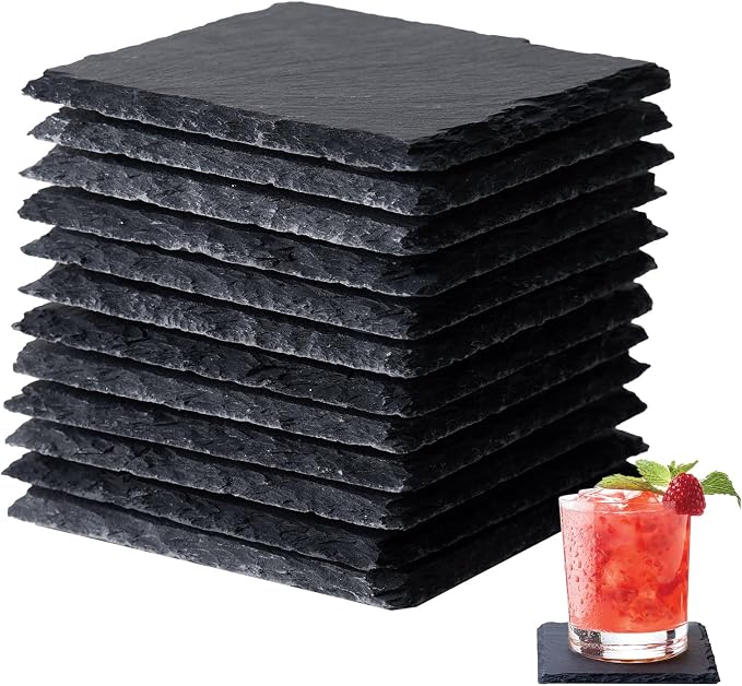 12 PCS Slate Coasters Set, 4 Inch Black Square Stone Coasters Bulk, Laser by Unknown