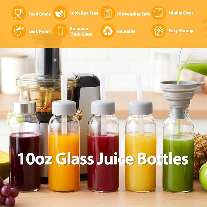 Sursip 10 oz Glass Juice Bottles, 6 Pack, Leakproof Stainless Lids | Reusable - Image 3