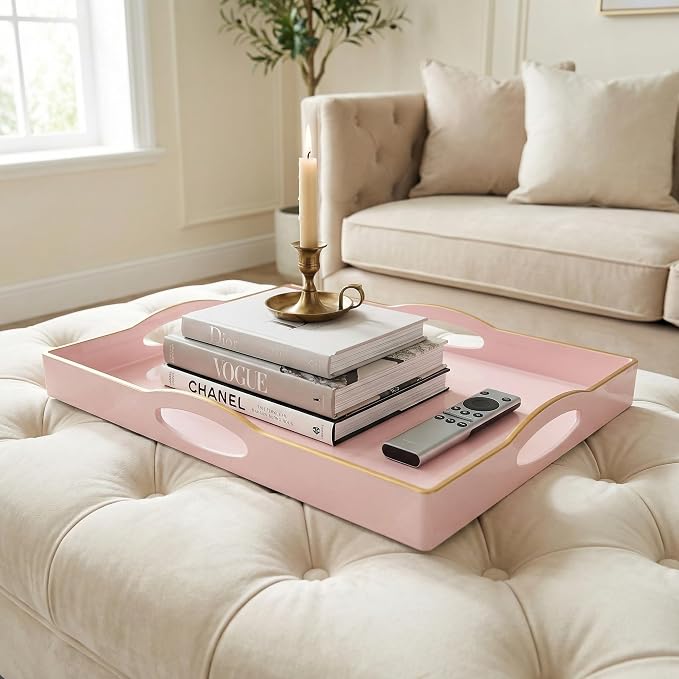 Pink Serving Tray with 4 Handles, Plastic Decorative Tray - Image 3