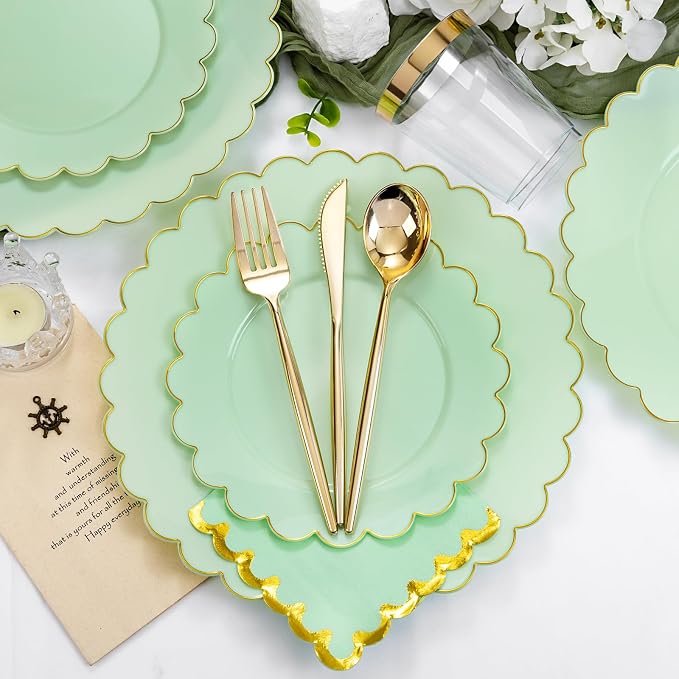 LIYH 210Pcs Gold Trim Sage Green Plastic Plates, Dinnerware Set - Image 2
