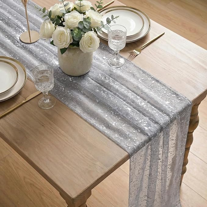 Artoid Mode Grey Gold Gauze Table Runner 120 Inch 10FT, Glitter Metallic Foil - Image 4