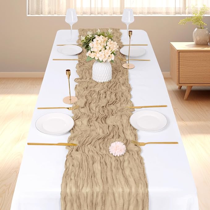 6 Pack Beige Cheesecloth Table Runner, 17 x 108 inch, Semi Sheer Boho Cheese - Image 2