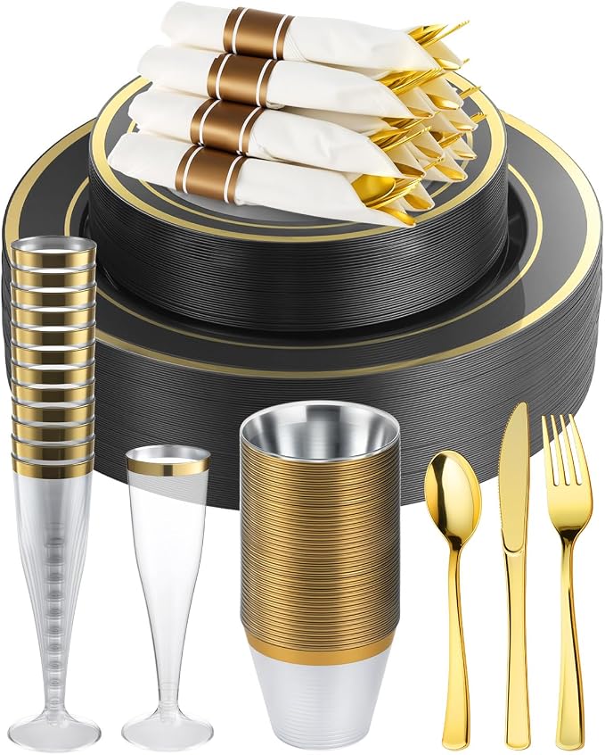 320PCS Black Gold Fancy Disposable Dinnerware Set by GoodLuck