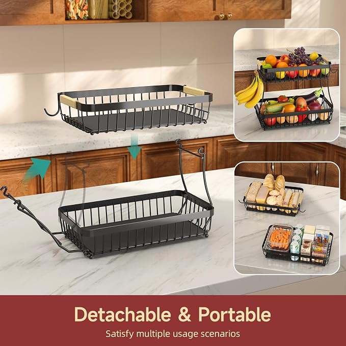 3-Tier Fruit Basket with Banana Hangers, Detachable Metal Bowl | Wooden handle - Image 4