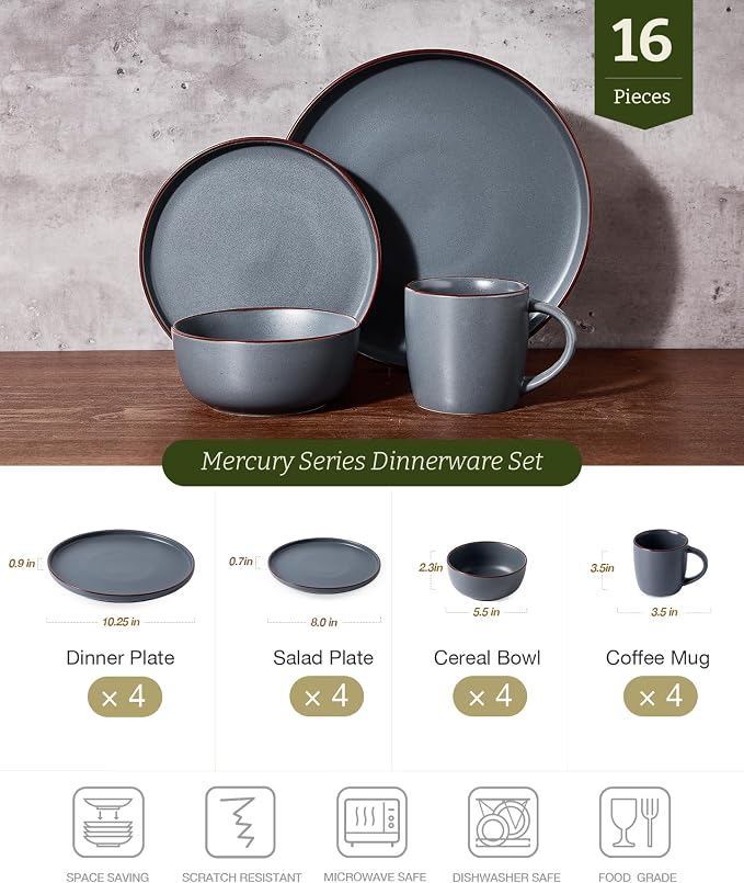 Famiware Mercury 16-Piece Stoneware Plates and Bowls, Charcoal | Dinnerware Set - Image 2