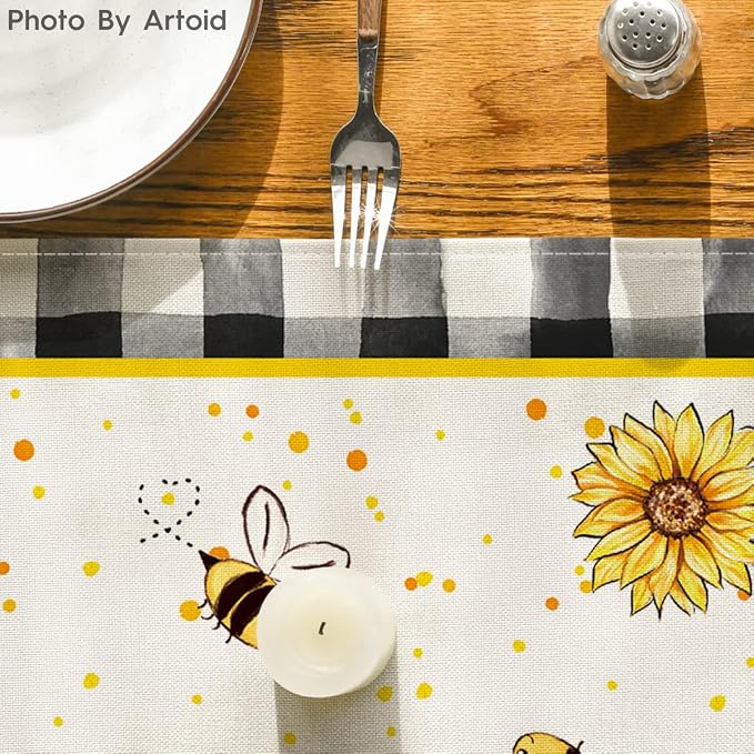 Artoid Mode Buffalo Plaid Sunflower Gnomes Bee Summer Table Runner, Seasonal - Image 7