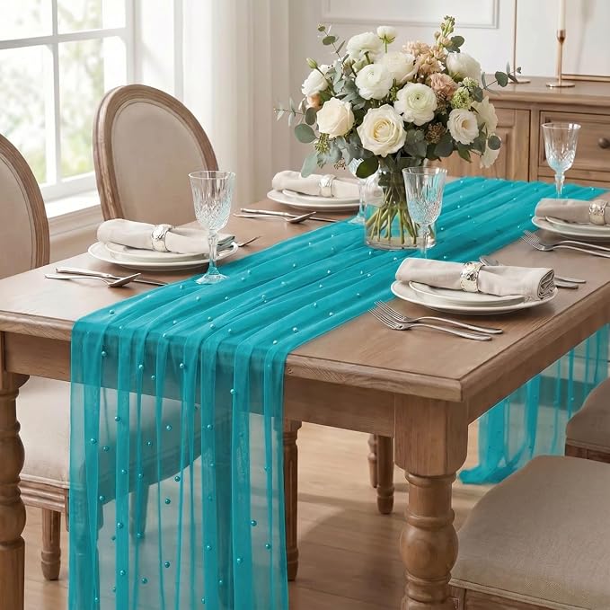 Artoid Mode Pearl Teal Gauze Table Runner 120 Inch 10FT, Seasonal Sheer Dining - Image 3