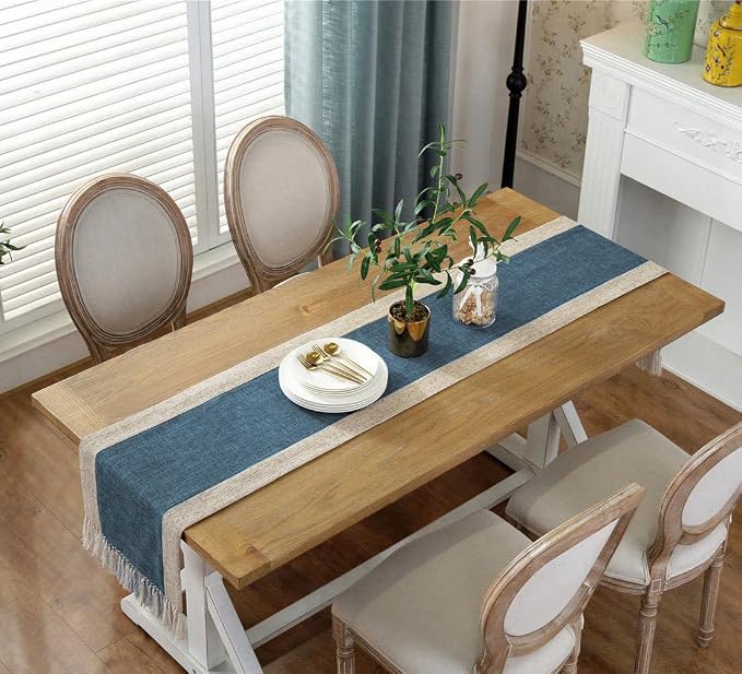 Farmhouse Rustic Faux Linen Dining Table Runner 15 x 94 Inch Blue | Boho Heavy - Image 3