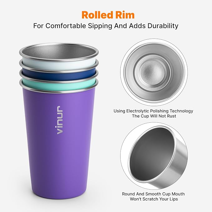 VINUR Stainless Steel Cups-16 oz Colorful Metal Drinking Glasses 4 Pcs | 16 oz - Image 3