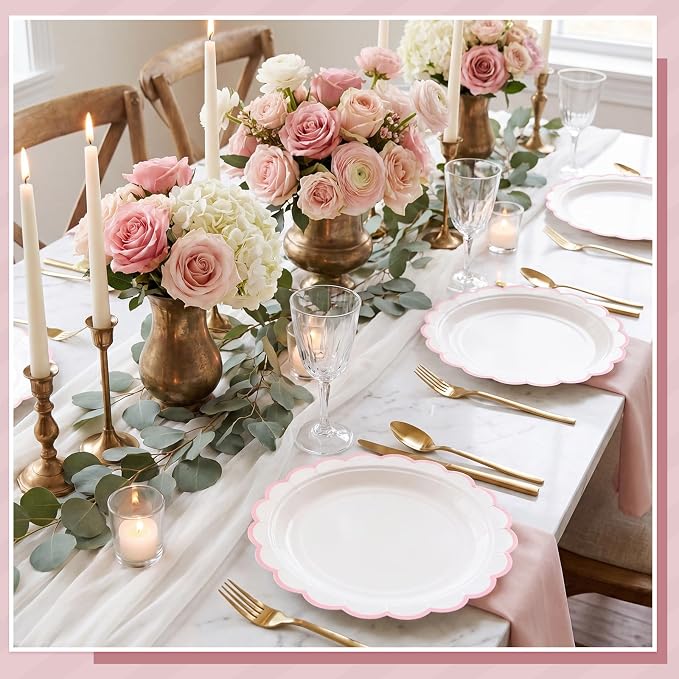NatNarr 30 Pk Pink Paper Plates 9" Scalloped Pink White Party Plates | Cute - Image 7
