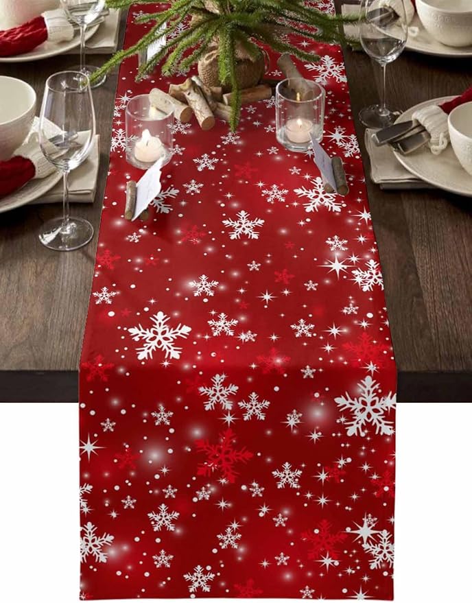 Red Christmas Short Table Runners 36 Inches, Cotton Linen Fabric Snowflake by Edwiinsa